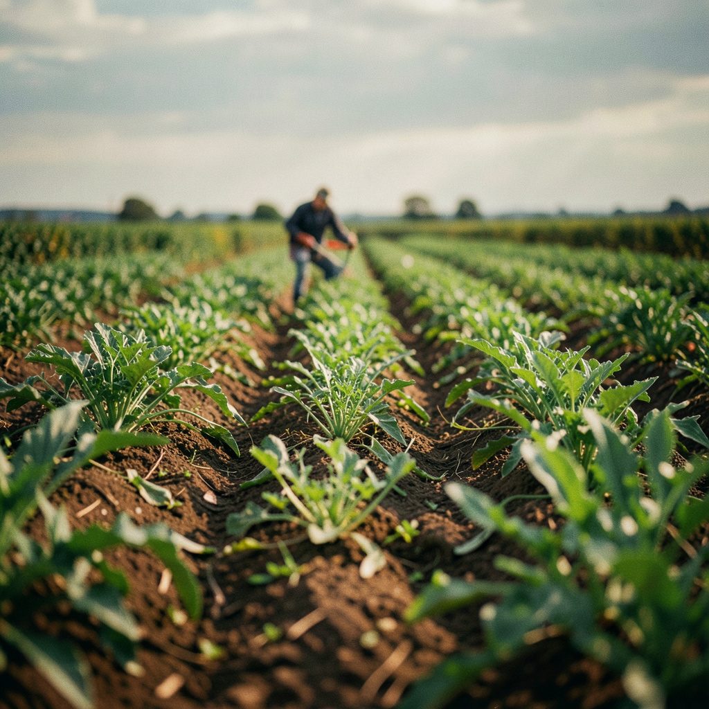 Vista aérea de campos agrícolas verdes en tono institucional sobrio